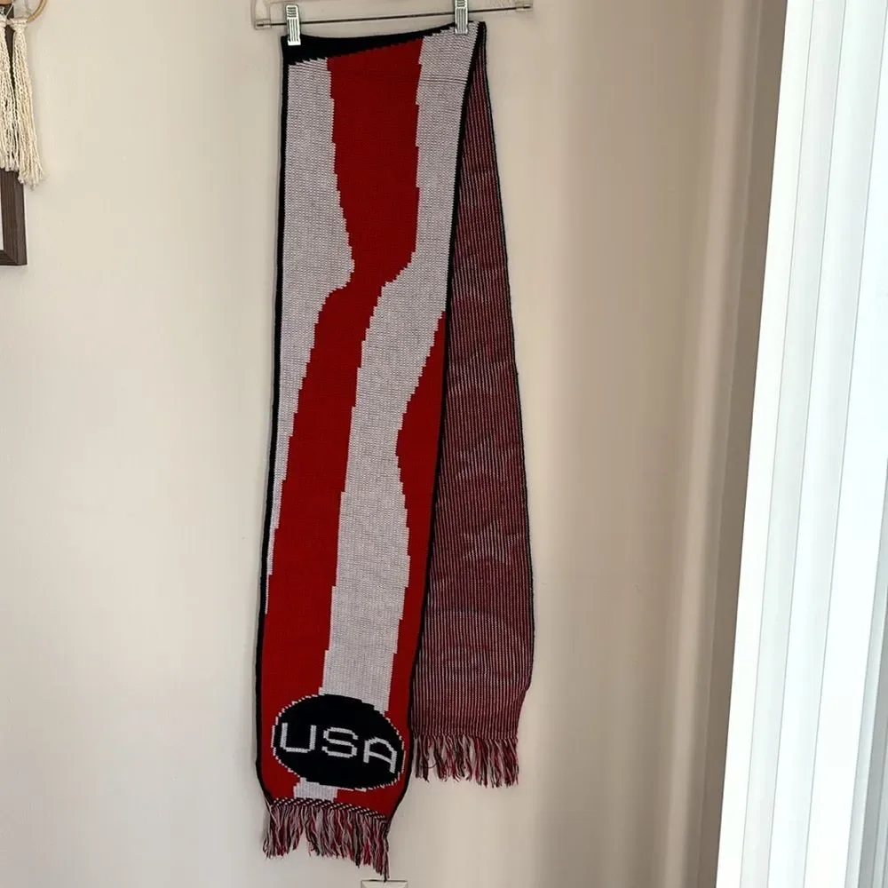 Vintage USA America knit long 70’s made in USA scarf MAGA Winter Olympics EUC!